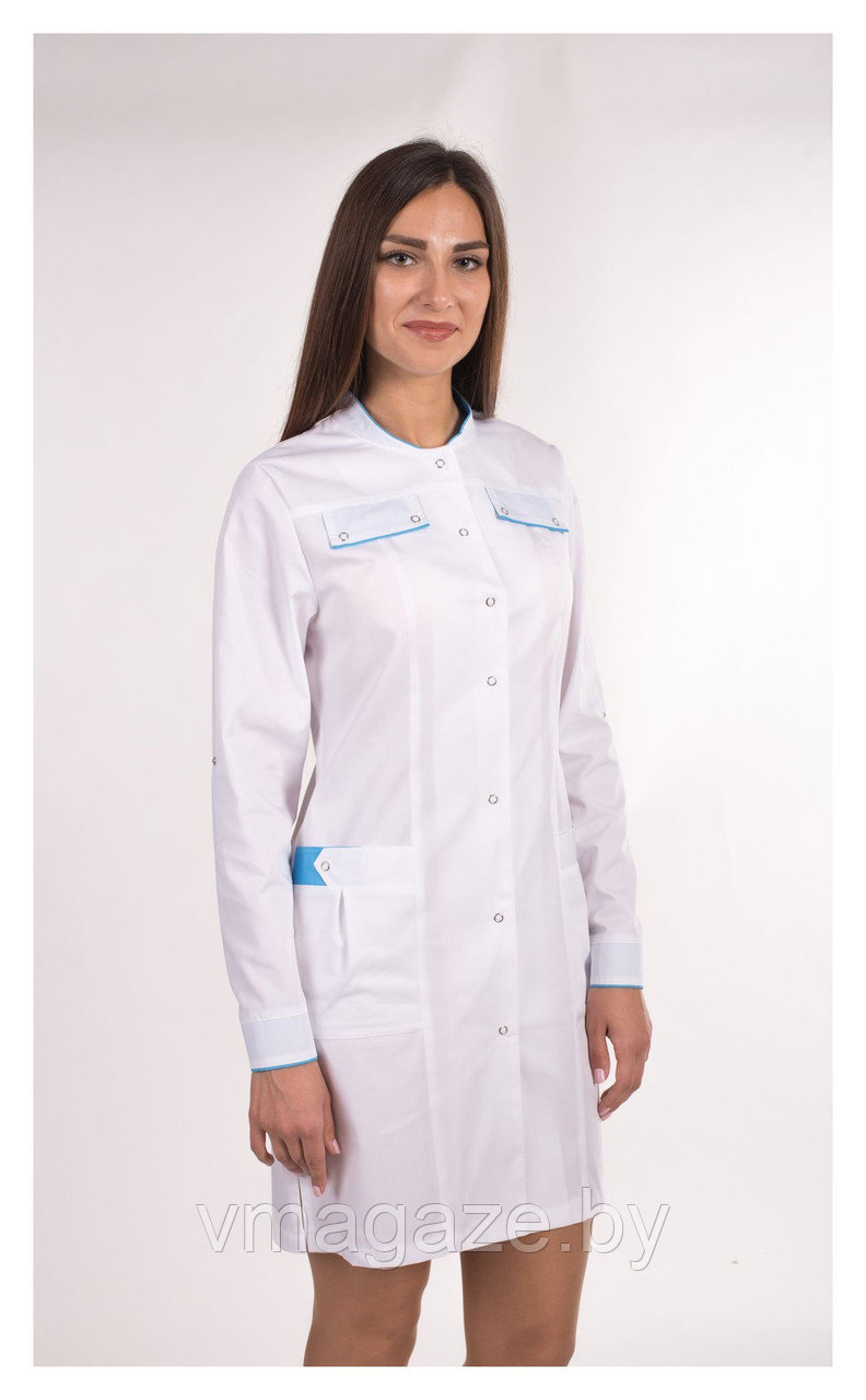 Медицинский халат, женский (отделка голубая, цвет белый) - фото 3 - id-p176540799