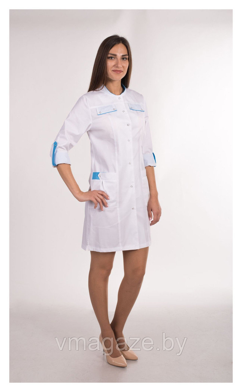 Медицинский халат, женский (отделка голубая, цвет белый) - фото 1 - id-p176540799