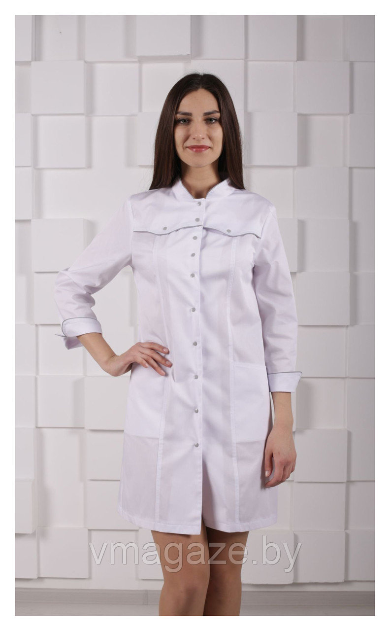 Медицинский халат, женский (отделка серая, цвет белый) - фото 2 - id-p176540826