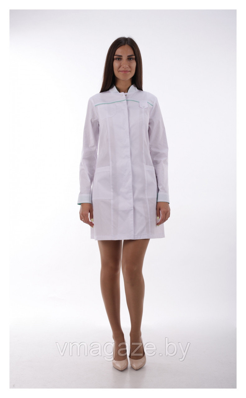 Медицинский халат, женский (отделка мятная, цвет белый) - фото 1 - id-p176540832