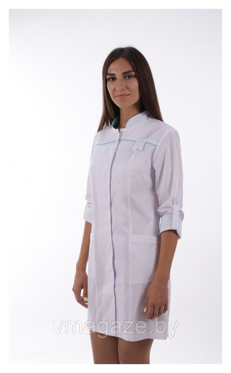 Медицинский халат, женский (отделка мятная, цвет белый) - фото 3 - id-p176540832