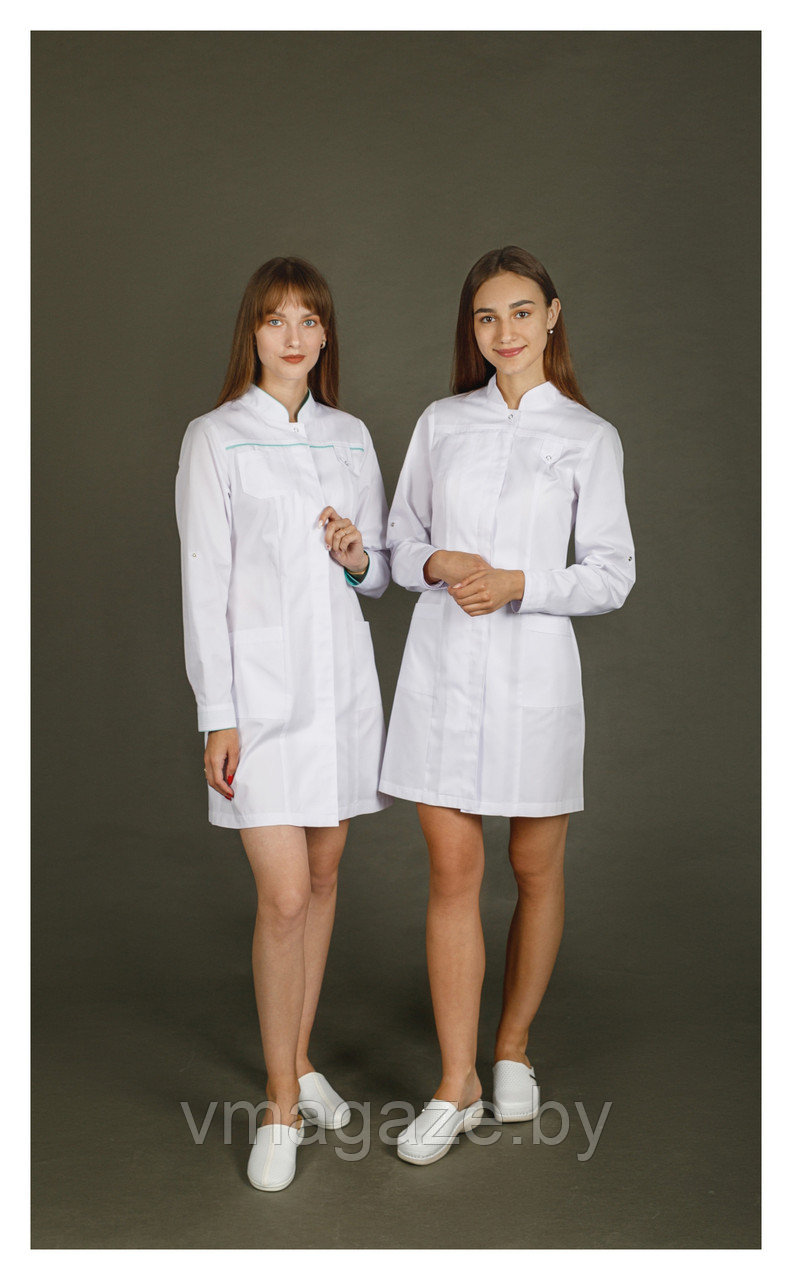 Медицинский халат, женский (отделка мятная, цвет белый) - фото 5 - id-p176540832