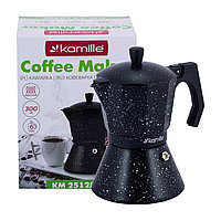 Кофеварка гейзерная 300мл (6 порций) из алюминия с широким индукционным дном (черный мрамор) Kamille 2512MR