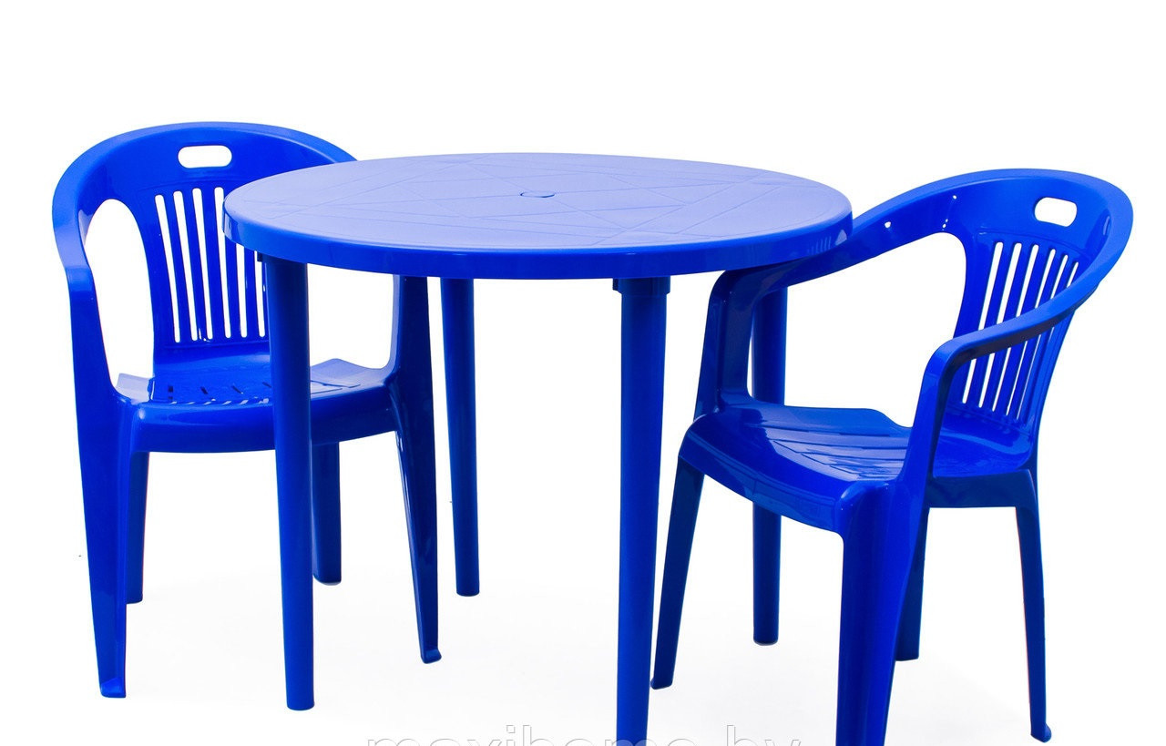 Стол пластиковый круглый и 2 кресла, синий, зеленый ,коричневый, желтый цвет