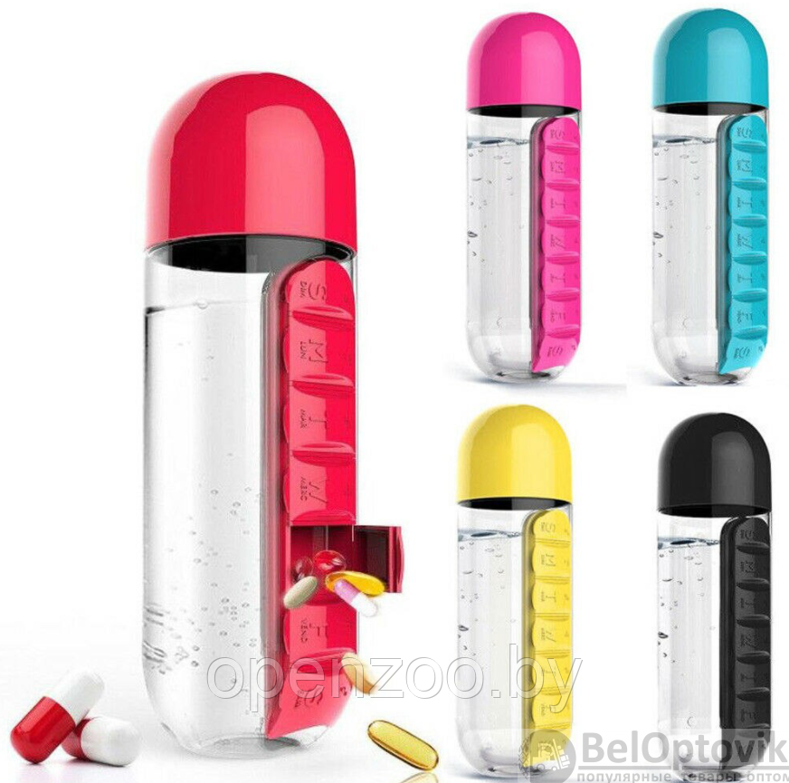 Таблетница-органайзер на каждый день Pill Vitamin Organizer с бутылкой для воды Черный - фото 7 - id-p152052120