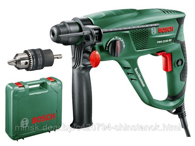 Перфоратор BOSCH PBH 2100 SRE в чем. (550 Вт, 1.7 Дж, 3 реж., патрон SDS-plus, ЗВП в комплекте, вес 2.2 кг)