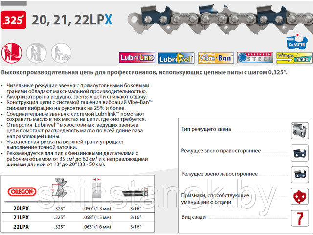 Цепь 38 см 15" 0.325" 1.5 мм 64 зв. 21LPX OREGON (затачиваются напильником 4.8 мм, для проф. интенсивного
