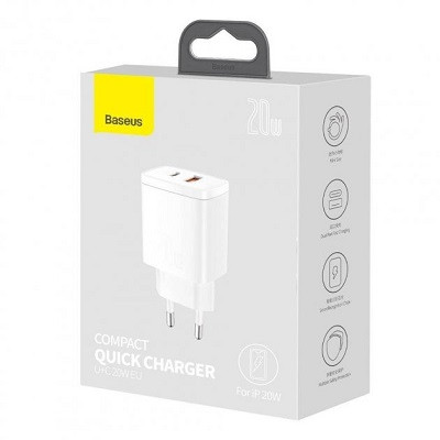 Сетевое зарядное устройство Baseus CCXJ-B02 Compact Quick Charger USB+Type-C 20W белое - фото 6 - id-p176805116