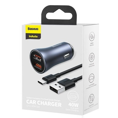 Автомобильное зарядное устройство Baseus TZCCJD-A0G Golden Contactor Pro Car Charger 2 USB 40W (кабель - фото 6 - id-p176805117