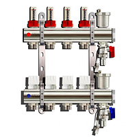 Коллектор 4 выхода для теплого пола (латунь) TIM KC004 с расходомерами
