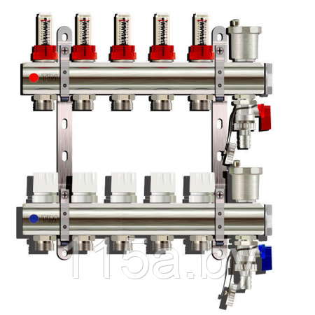 Коллектор 5 выходов для теплого пола (латунь) TIM KD005 с расходомерами