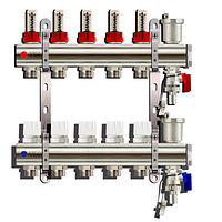 Коллектор 5 выходов для теплого пола (латунь) TIM KC005 с расходомерами