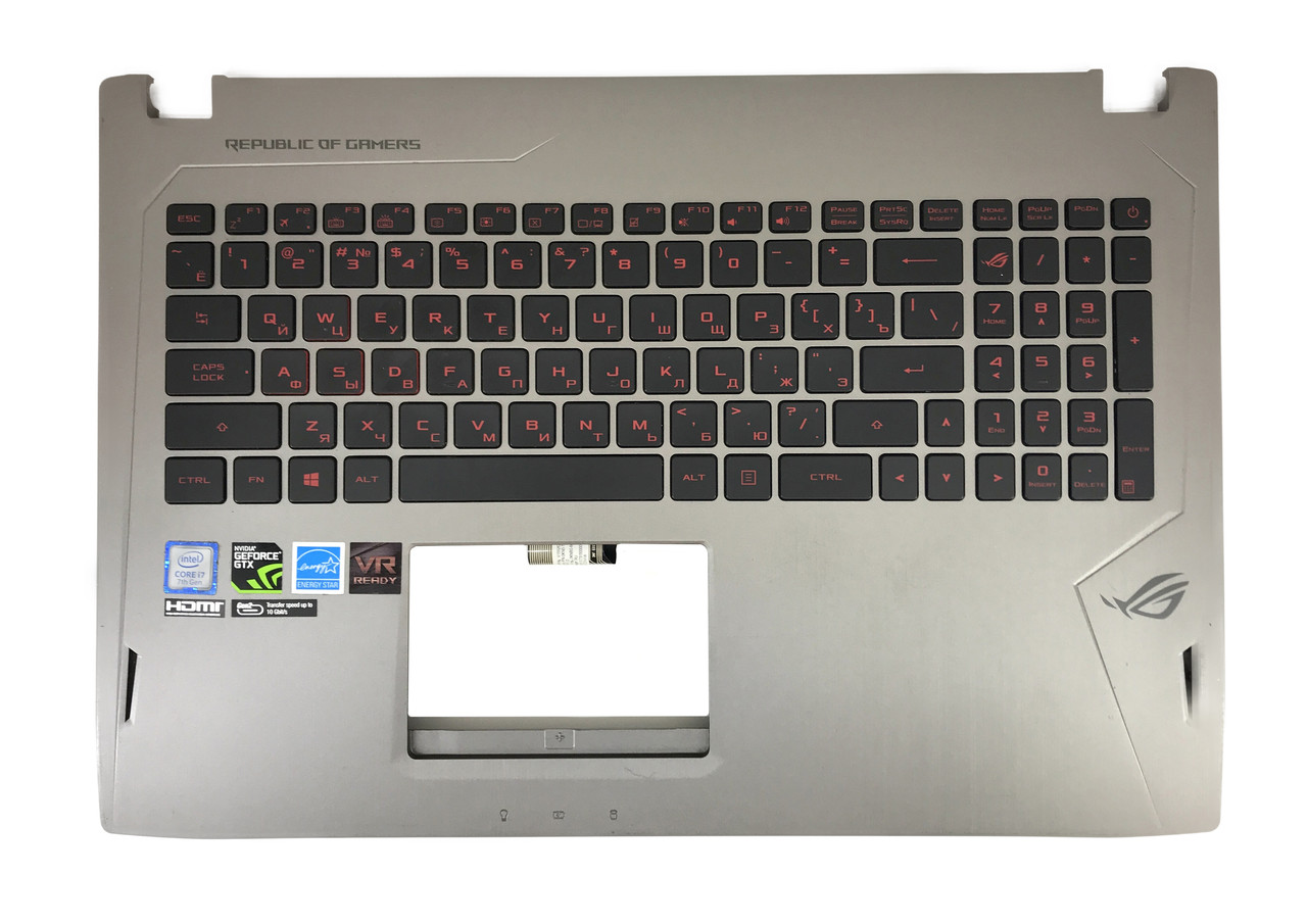 Верхняя часть корпуса (Palmrest) Asus ROG STRIX GL502 с клавиатурой, с подсветкой, серебристый - фото 1 - id-p176898436