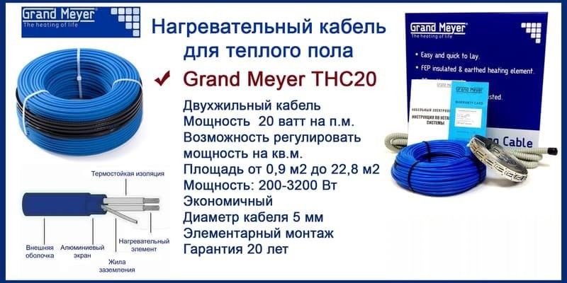 Теплый пол (нагревательный кабель) GrandMeyer THC20-70м - фото 2 - id-p147593060