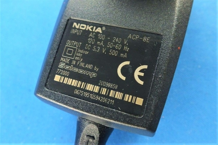 Зарядное устройство сетевое для мобильного (сотового) телефона Nokia ACP-8E, 5.3V 500mA, толстый разъем