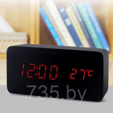 Часы-будильник "Прямоугольник" 15см с термометром деревянные цвет:  черное дерево красные цифры зв. активация