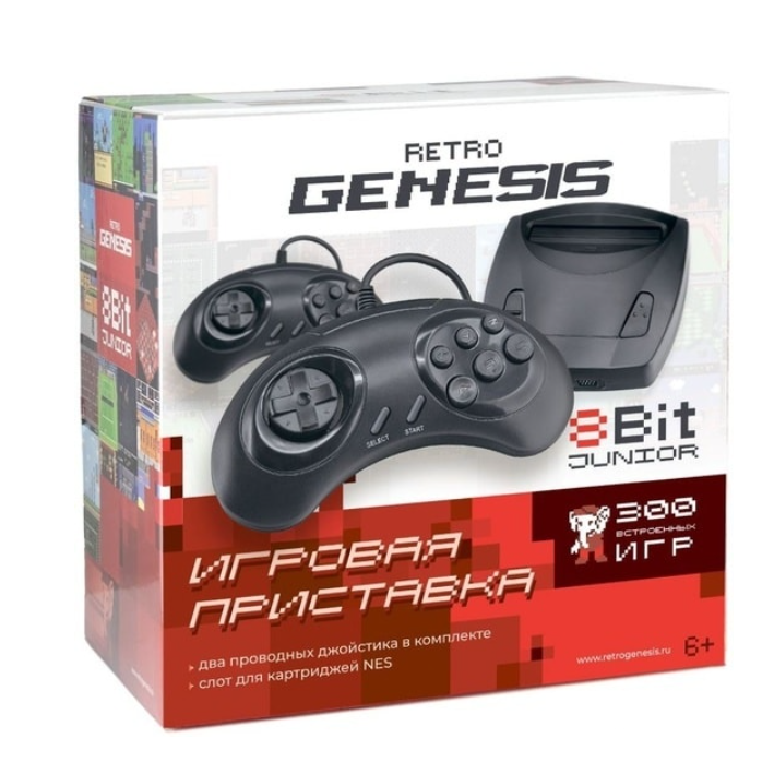 Игровая приставка Retro Genesis 8 Bit Junior, AV кабель, 2 проводн. джойст., 300 игр, черная