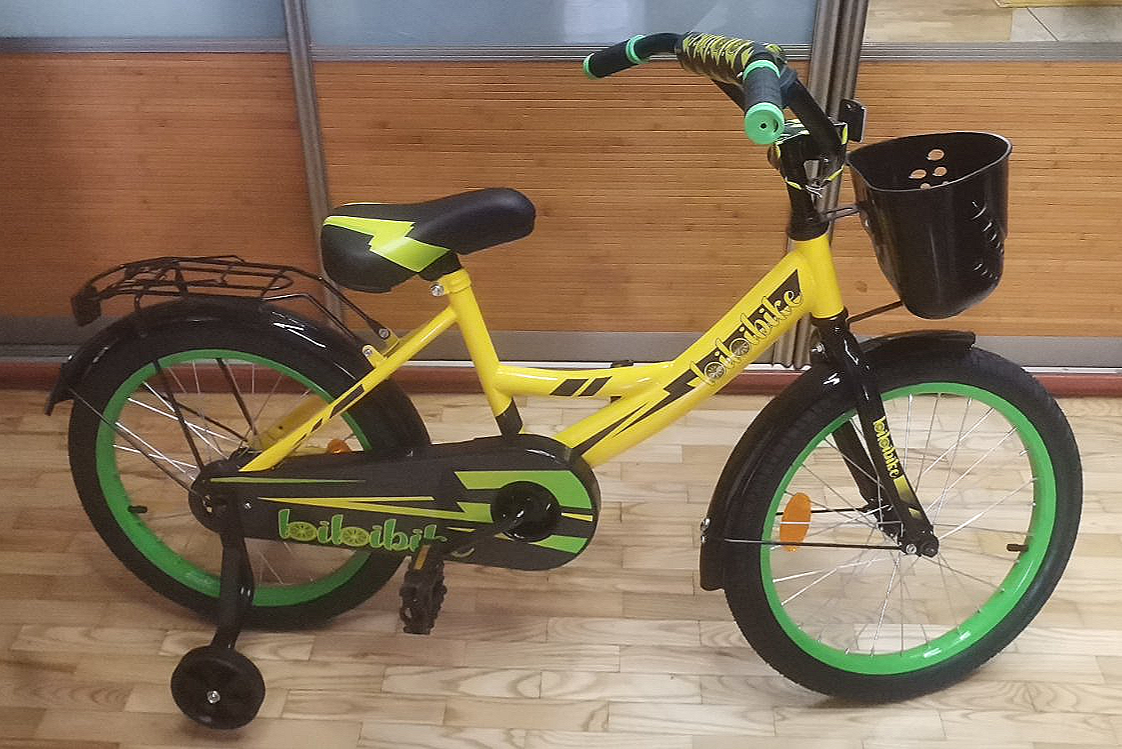 Детский велосипед Bibibike 16" для мальчиков, корзина, звонок, багажник  желтый, синий
