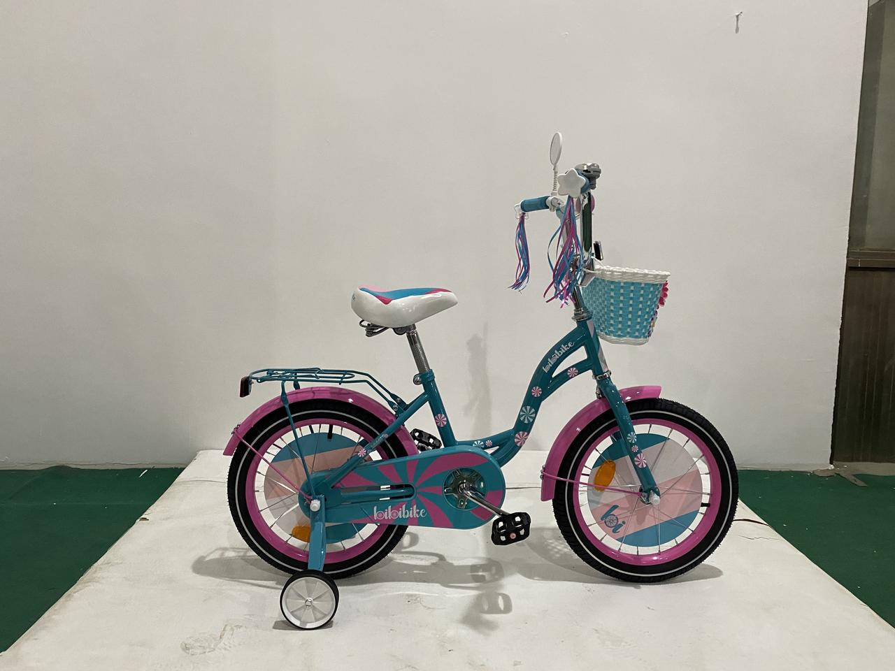 Детский велосипед Bibibike 16" для девочек, корзина, звонок, багажник, мишура (розовый и мятный ) - фото 1 - id-p177252713