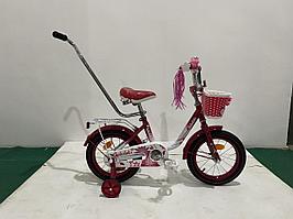 Детский велосипед для девочки Bibibike 14", корзина, родительская ручка, звонок, багажник