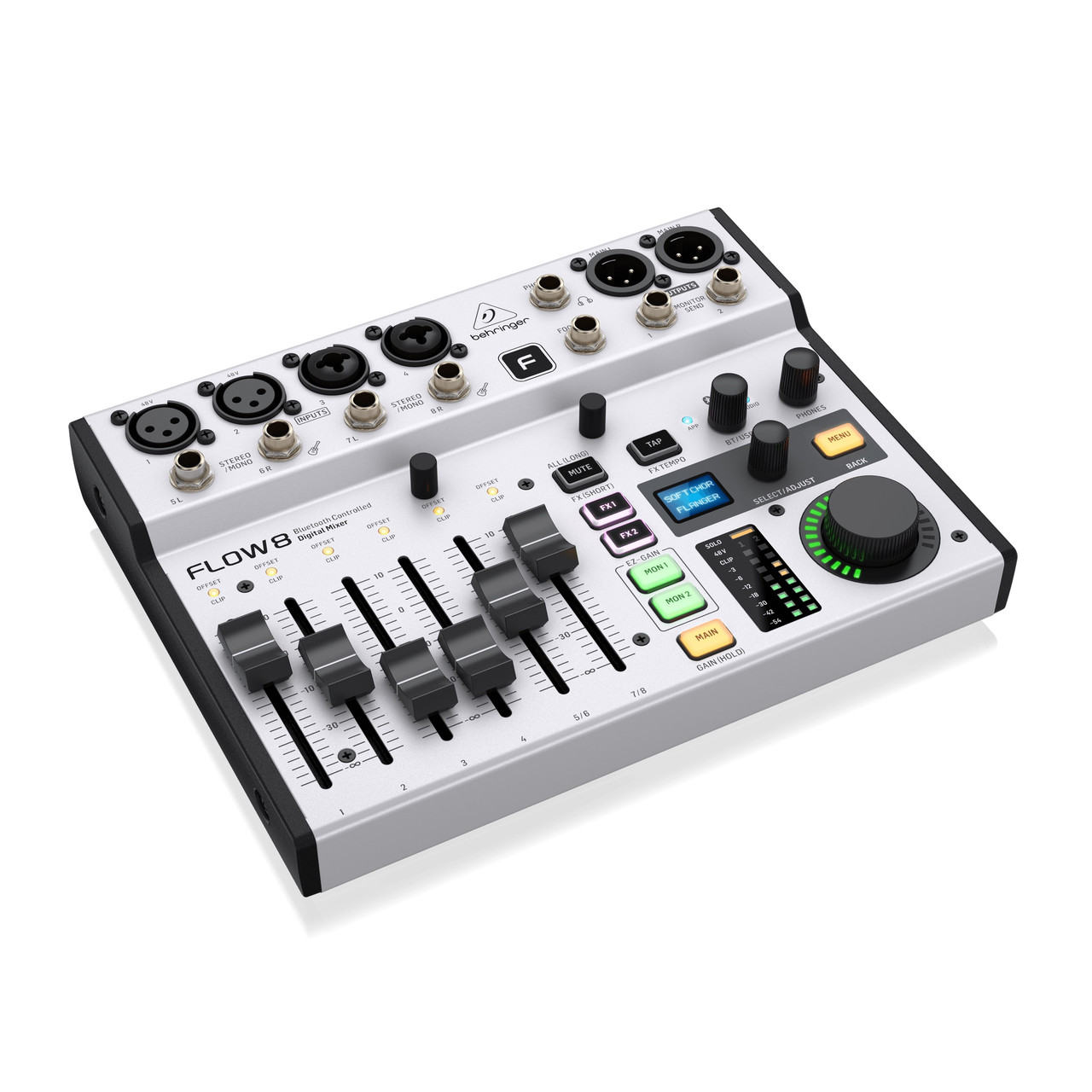 Behringer FLOW 8 - цифровой микшерный пульт, 4 TRS входа, 2 XLR входа, 2 XLR/TRS входа, USB порт