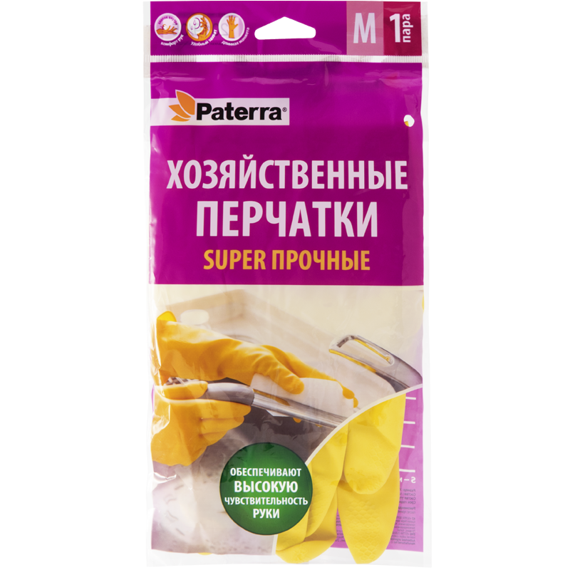 Перчатки хозяйственные "Super прочные" (латекс, хлопок), размер М, PATERRA