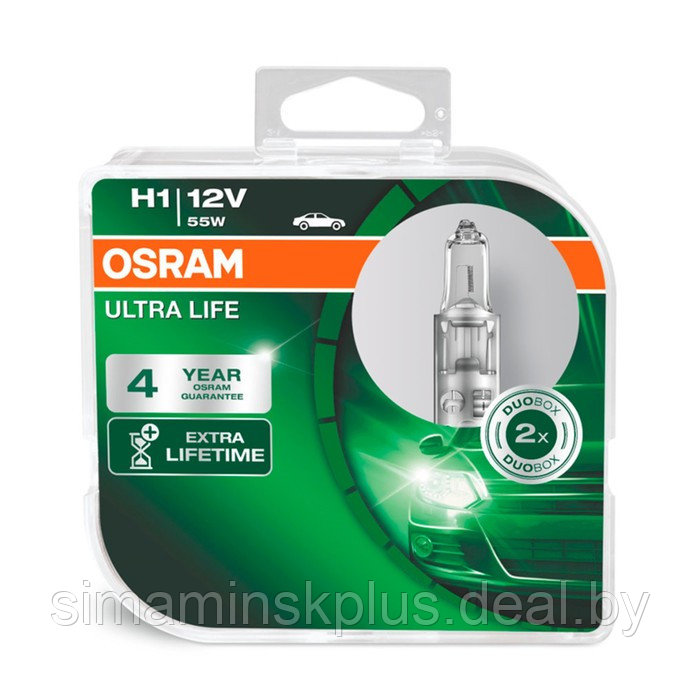 Лампа автомобильная Osram Ultra Life, H1, 12 В, 55 Вт, набор 2 шт, 64150ULT-HCB - фото 1 - id-p177027284