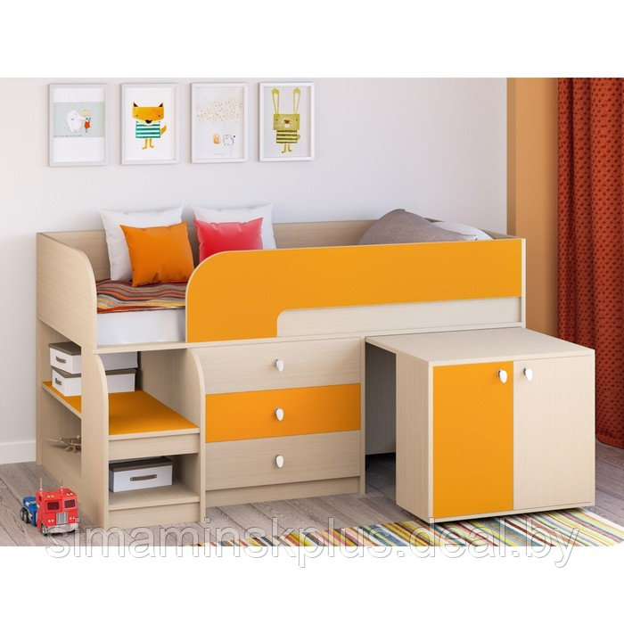 Детская кровать-чердак «Астра 9 V7», выдвижной стол, цвет дуб молочный/оранжевый - фото 1 - id-p177038697