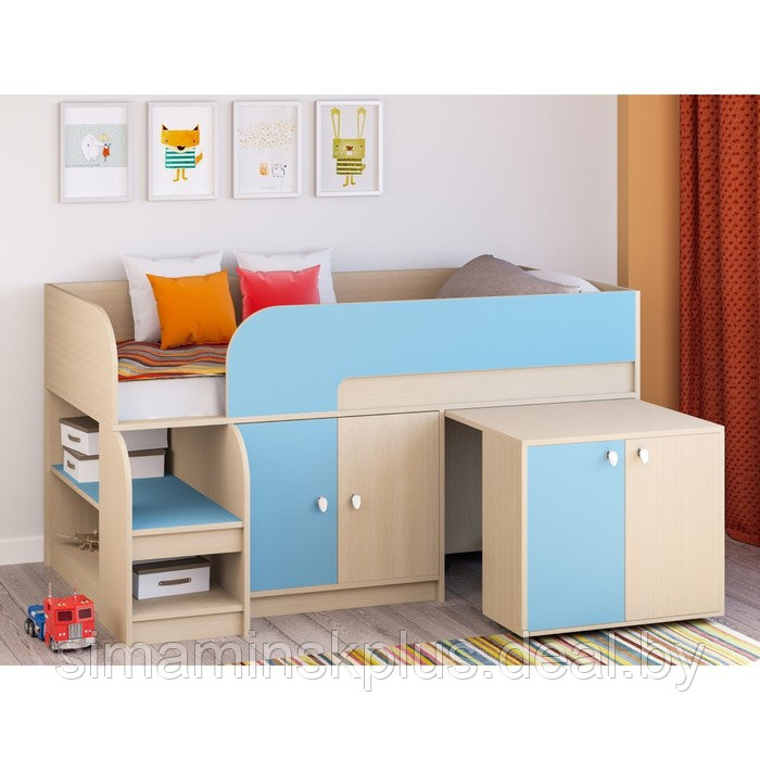 Детская кровать-чердак «Астра 9 V8», выдвижной стол, цвет дуб молочный/голубой - фото 1 - id-p177038699
