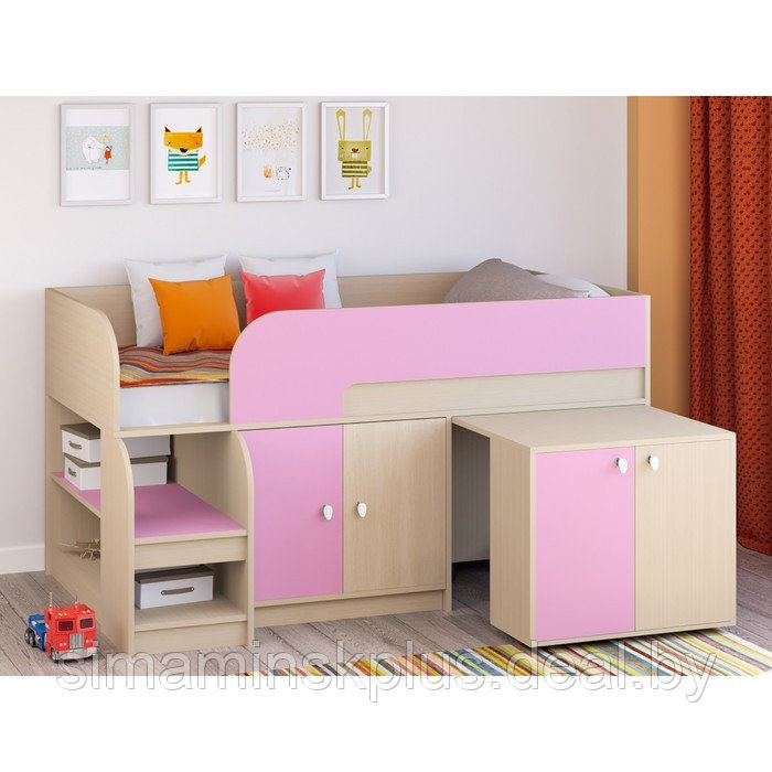 Детская кровать-чердак «Астра 9 V8», выдвижной стол, цвет дуб молочный/розовый - фото 1 - id-p177038701