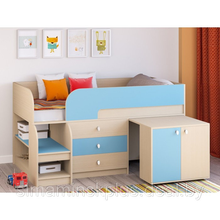 Детская кровать-чердак «Астра 9 V7», выдвижной стол, цвет дуб молочный/голубой - фото 1 - id-p177038709