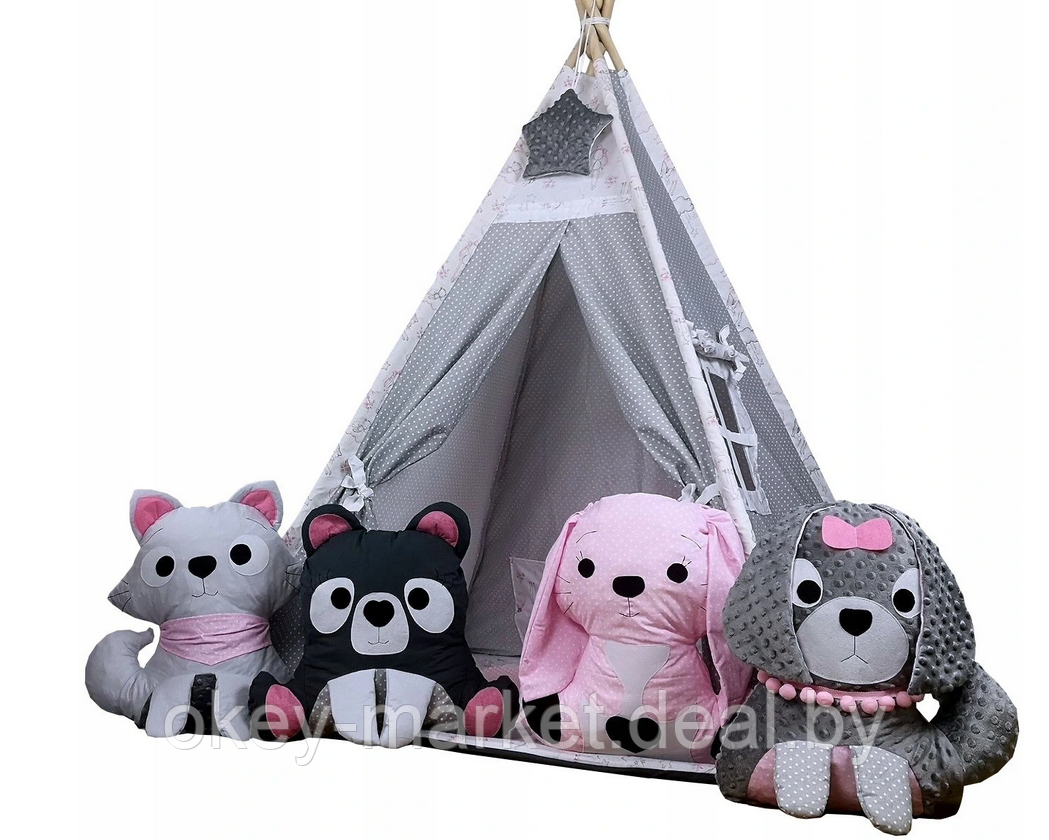 Детский вигвам / типи , игровая палатка + 4 игрушки , серый - фото 1 - id-p177489454