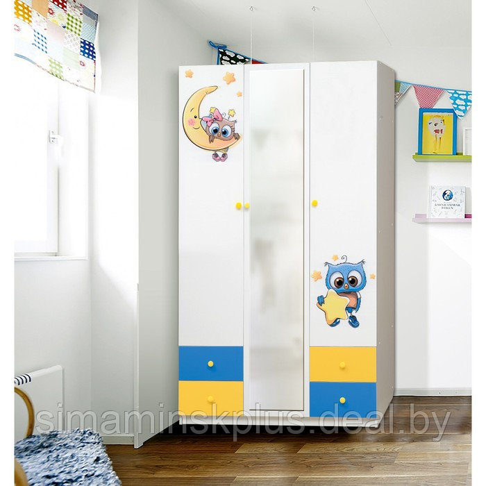 Шкаф с зеркалом и фотопечатью «Совята 3.2», 1200 × 490 × 2100 мм, цвет белый/синий/жёлтый - фото 1 - id-p177039751