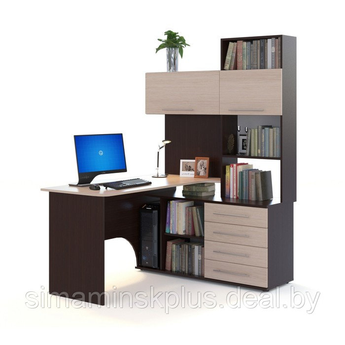 Компьютерный стол, 1400 × 1236 × 1828 мм, правый, цвет корпус венге / фасад белёный дуб