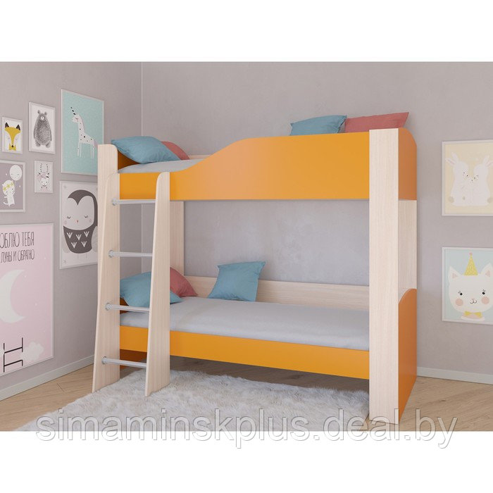 Детская двухъярусная кровать «Астра 2», без ящика, цвет дуб молочный / оранжевый - фото 1 - id-p177038402