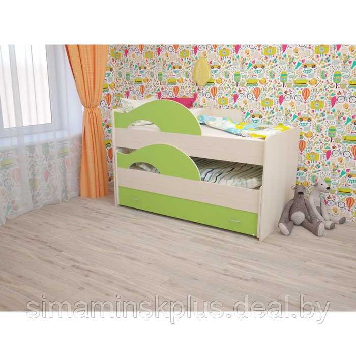 Кровать двухъярусная выкатная Матрешка 800х1600 с ящиком Зеленый/млечный дуб - фото 1 - id-p177038417