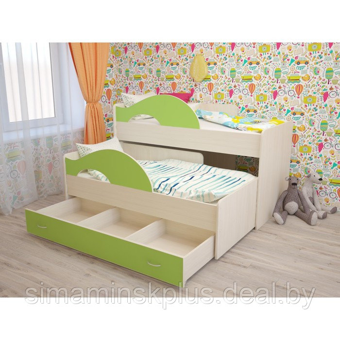 Кровать двухъярусная выкатная Матрешка 800х1600 с ящиком Зеленый/млечный дуб - фото 2 - id-p177038417
