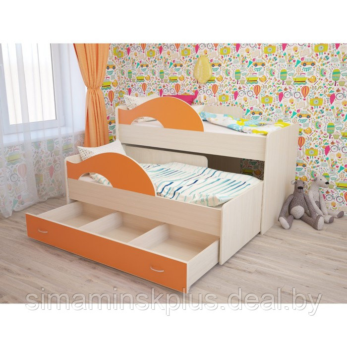 Кровать двухъярусная выкатная Матрешка 800х1600 с ящиком Оранж/млечный дуб - фото 2 - id-p177038418