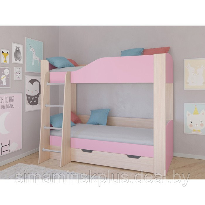 Детская двухъярусная кровать «Астра 2», цвет дуб молочный/розовый - фото 1 - id-p177038446