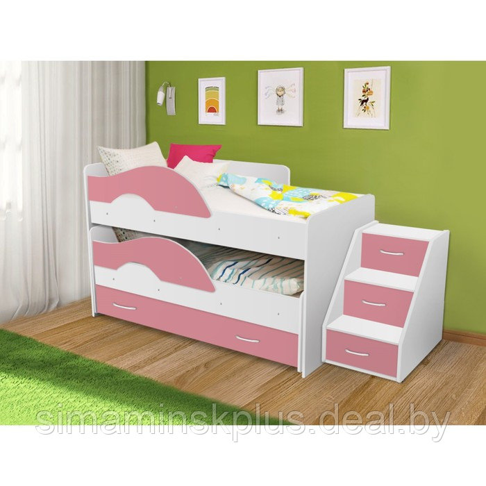 Кровать двухъярусная выкатная Матрешка Розовый/белый 800х1600 с ящиком и лестницей - фото 1 - id-p177038489