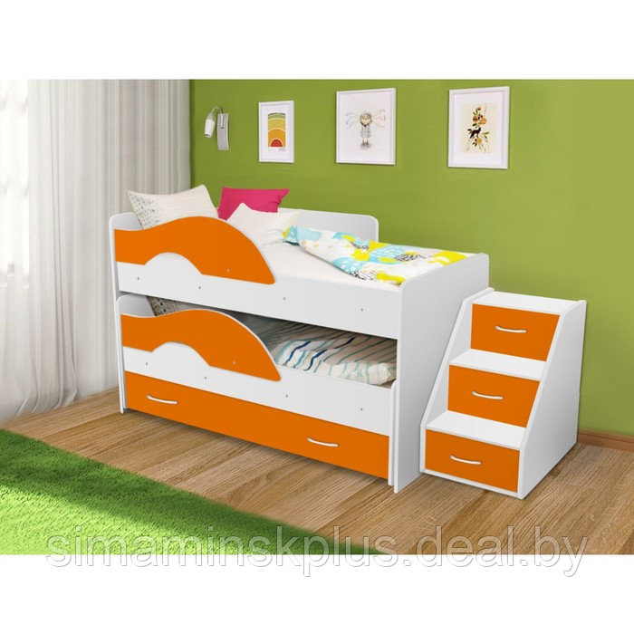 Кровать двухъярусная выкатная Матрешка Оранж/белый 800х1600 с ящиком и лестницей - фото 1 - id-p177038490
