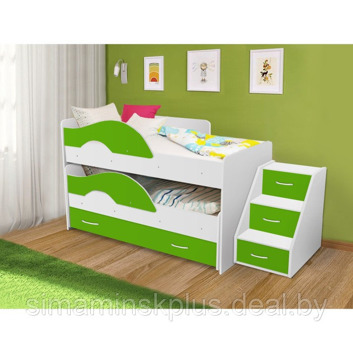 Кровать двухъярусная выкатная Матрешка Зеленый/белый 800х1600 с ящиком и лестницей - фото 1 - id-p177038492