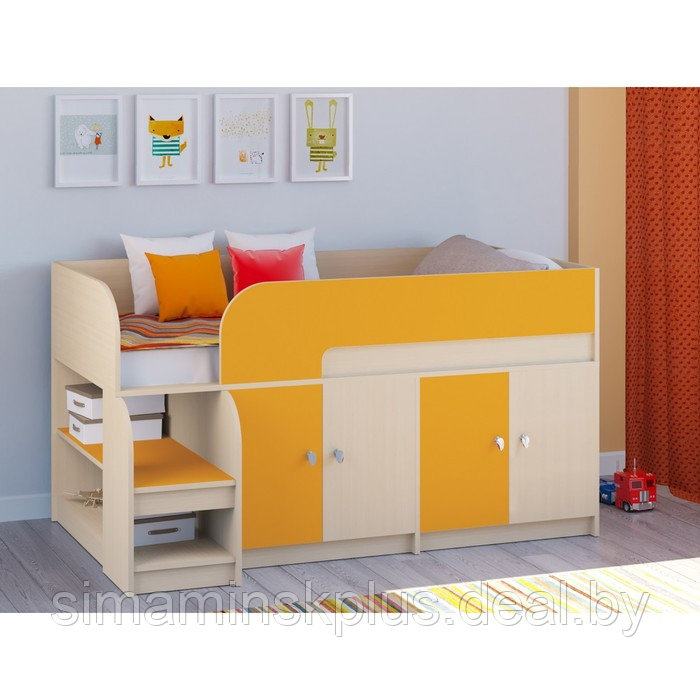 Детская кровать-чердак «Астра 9 V2», цвет дуб молочный/оранжевый - фото 1 - id-p177038649