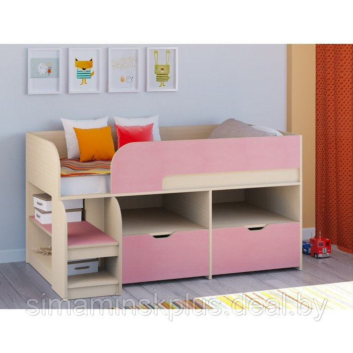 Детская кровать-чердак «Астра 9 V6», цвет дуб молочный/розовый - фото 1 - id-p177038662