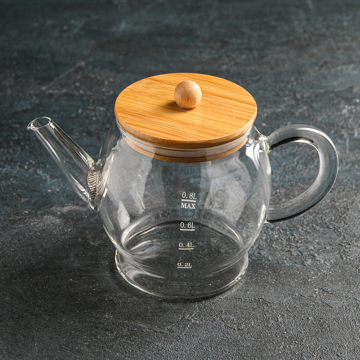 Чайник стеклянный заварочный с бамбуковой крышкой и металлическим фильтром «Эко. Бабл», 800 мл, 22×12,5×15 см - фото 1 - id-p177013655