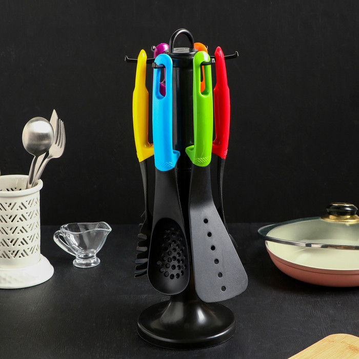 Набор кухонных принадлежностей Доляна «Монпансье», 6 предметов, на подставке, цвет МИКС - фото 2 - id-p177006617
