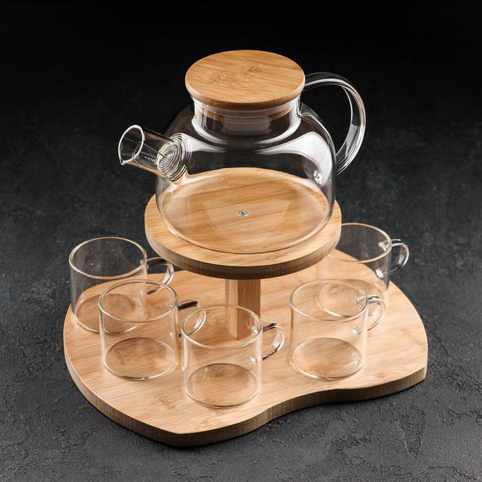Набор чайный из стекла на деревянной подставке «Эко», 7 предметов: чайник 1,1 л, 5 кружек 120 мл, подставка - фото 1 - id-p177013667