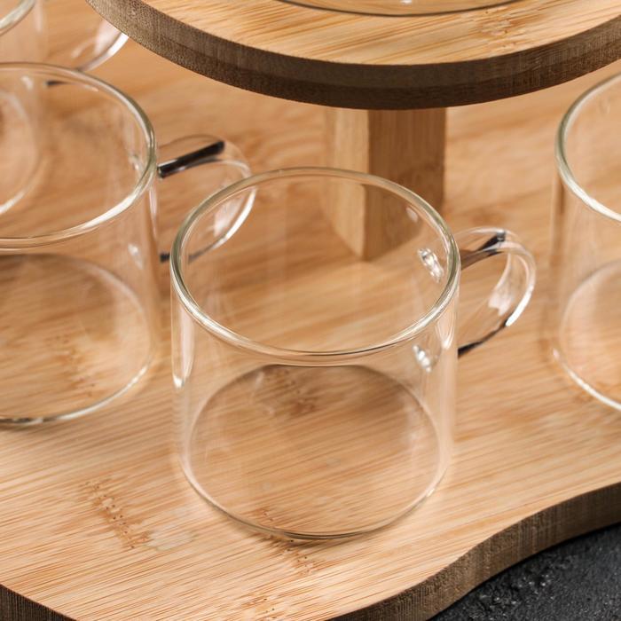 Набор чайный из стекла на деревянной подставке «Эко», 7 предметов: чайник 1,1 л, 5 кружек 120 мл, подставка - фото 2 - id-p177013667
