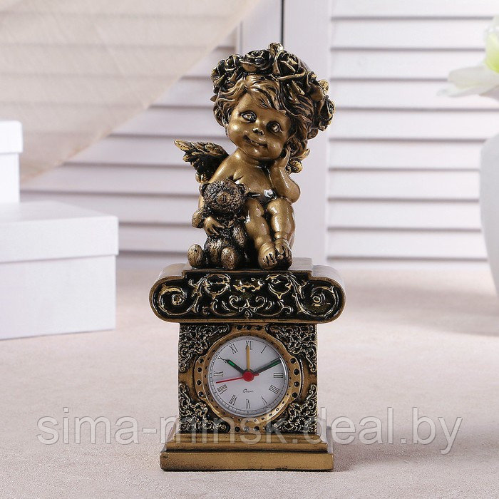 Часы настольные каминные "Ангел с медвежонком", цвет золото, h=25.5 см, микс - фото 1 - id-p177494640