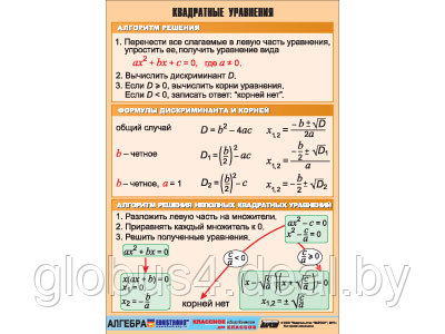 Таблица демонстрационная "Квадратные уравнения" (винил 100х140) - фото 1 - id-p22307122